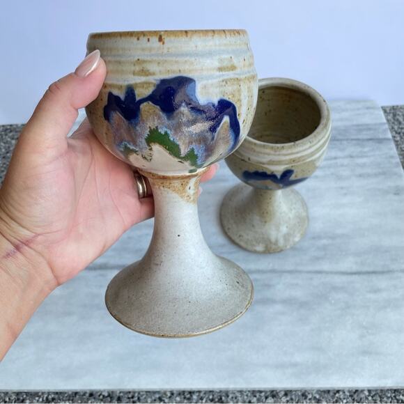 Vintage | 1970s Handcrafted Stoneware Pottery Large Goblet Set Tall Art Artisan - Picture 2 of 11